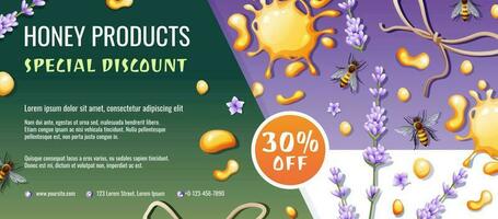 Sale banner with honey products. Discount voucher for honey shop. Bees with lavender and honey drops. Healthy organic food. Vector background