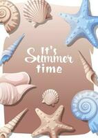 Summer background with sea shells, clams, starfish on the sand. Postcard, banner, flyer with beach vibe vector