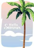 Summer card with a palm tree on the background of the sky. Simple vector design for poster, banner, flyer. Cartoon style