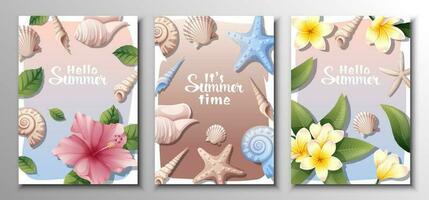 Set of cards with frangipani flowers, hibiscus, sea shells, clams, starfish. Summer background with tropical plants and marine life vector