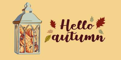 Hello autumn banner or greeting card for the autumn holiday. Pumpkins and inscriptions in a flat style. Vector seasonal illustration.