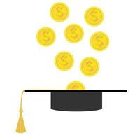 Coins fall in graduation cap. Concept of cost of graduation.  Graduation cost or expensive education or scholarship loan vector. vector