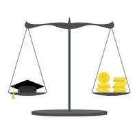 Coins and graduation cap on scales. Concept of cost of graduation.  Graduation cost or expensive education or scholarship loan vector. vector