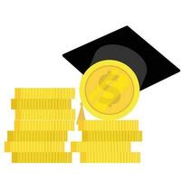 Graduation cap of coins. Concept of cost of graduation.  Graduation cost or expensive education or scholarship loan vector. vector