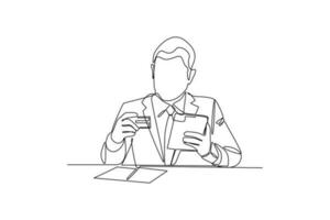 Continuous one line drawing bank clerk checking customer account. Banking concept. Single line draw design vector graphic illustration.