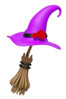 3d purple witch pointed hat with broom isolated. minimal halloween holiday party concept, 3d render illustration png