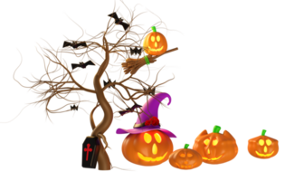 3d Halloween citrouille vacances fête avec en volant chauves-souris, effrayé jack o lanterne et bougie lumière dans citrouille, violet sorcière pointu chapeau, balai pour content Halloween, 3d rendre png