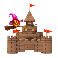 3d Halloween citrouille vacances fête avec hanté château, effrayé jack o lanterne et bougie lumière dans citrouille en volant, violet sorcière pointu chapeau pour content Halloween, 3d rendre png