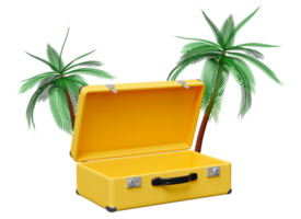 3d yellow open suitcase empty with palm tree isolated. summer travel concept, 3d render illustration png