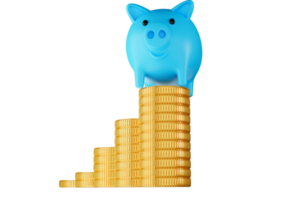 blue pig and Gold stack coins transparency 3D rendering illustration png