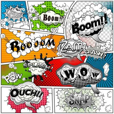 Comic book page divided by lines with black and white speech bubbles, sounds effect. Retro background Mock-up. Comics template. Vector illustration