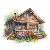 houten huis waterverf schilderen, ai gegenereerd png