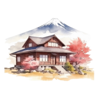 Japanese house with autumn leaves, png