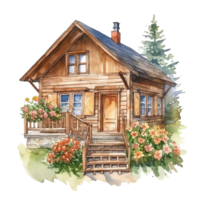 Wooden home watercolor painting, png