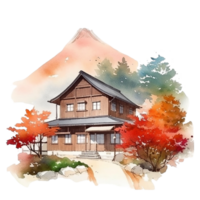 Japanese house with autumn leaves, png