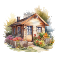 Wooden home watercolor painting, png