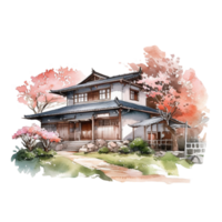 Japanese house with autumn leaves, png