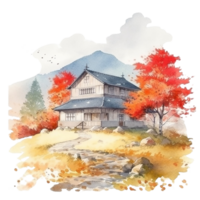 Japonais maison avec l'automne feuilles, ai généré png