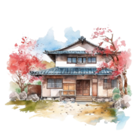japansk hus med höst löv, ai genererad png