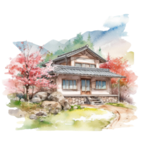 Japanese house with autumn leaves, png