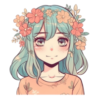 Cute girl cartoon character with flower on head, png