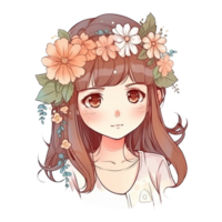 Cute girl cartoon character with flower on head, png