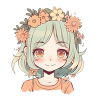 Cute girl cartoon character with flower on head, png