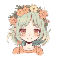 carino ragazza cartone animato personaggio con fiore su testa, ai generato png