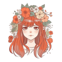 carino ragazza cartone animato personaggio con fiore su testa, ai generato png