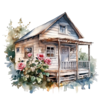 houten huis waterverf schilderen, ai gegenereerd png