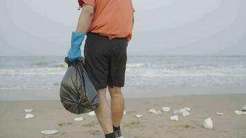 bénévoles marcher et choisir en haut des ordures sur le plage. nettoyeur collecte des ordures sur le noir le sable plage dans blanc Plastique Sacs. bénévoles nettoyage le plage. ranger en haut ordures sur le plage. video