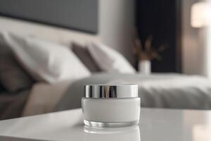 Blank, unbranded cosmetic cream jar indoors. Skin care product presentation. Skincare, beauty and spa. Glass jar with copy space, moisturizer. . photo