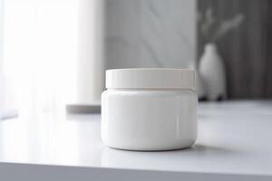 White and blank, unbranded cosmetic cream jar standing on the table at home. Skin care product presentation. Skincare, beauty and spa. Jar with copy space, moisturizer. . photo