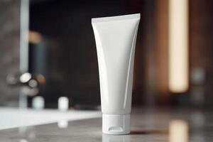 White and blank, unbranded cosmetic cream tube standing on the table at home. Skin care product presentation. Skincare, beauty and spa. Tube with copy space, moisturizer. . photo