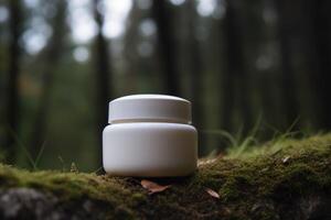 White and blank, unbranded cosmetic cream jar standing in the forest. Skin care product presentation. Skincare, beauty and spa. Jar with copy space, moisturizer. Nature, outdoors. . photo