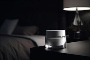 White and blank, unbranded cosmetic cream jar standing on the table at home. Skin care product presentation. Skincare, beauty and spa. Jar with copy space, moisturizer. . photo