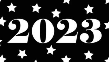 The year 2023, white stars, black and white colors, 2023 banner and sign, suitable for web design and front pages and social media, 2023 greeting card and postcard, monochrome style poster vector