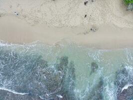 aerial top down view of beautiful sand beach and coral reefs photo