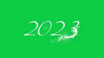 nuevo año 2023 escrito animado texto con partícula. genial para saludo Bienvenido 2023. verde pantalla video