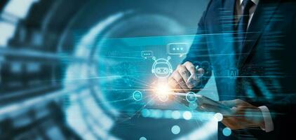AI technology, AI chatbots communicate and answer questions with business people, artificial intelligence solves problems and assists human decision-making for users to achieve intelligent results. photo