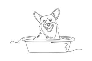 Continuous one line drawing dog bath in tub. Urban pets concept. Single line draw design vector graphic illustration.