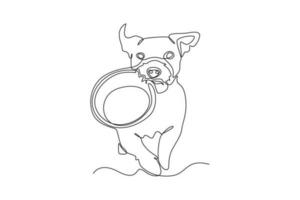 Continuous one line drawing the dog runs while carrying its food. Urban pets concept. Single line draw design vector graphic illustration.