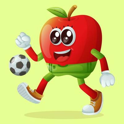 Cute apple character playing soccer