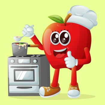 linda manzana personaje Cocinando en un estufa vector