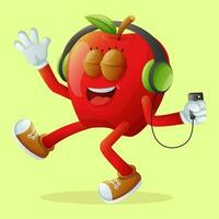 Cute apple character listening to music vector