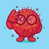 funny rambutan fruit character mascot with ok sign hand isolated cartoon in flat style design vector