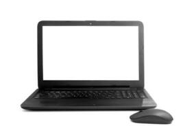 An open black laptop with an empty screen on a white isolated background. Wireless computer mouse photo