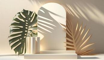 Podium template with foliage drop shadow for product. Beauty mockup with empty tray presentation. . photo