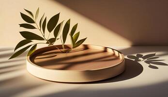 Podium template with foliage drop shadow for product. Beauty mockup with empty tray presentation. . photo
