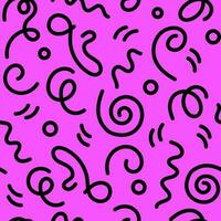 Doodle 90s style seamless pattern on pink background with kid squiggles. Flat vector retro illustration